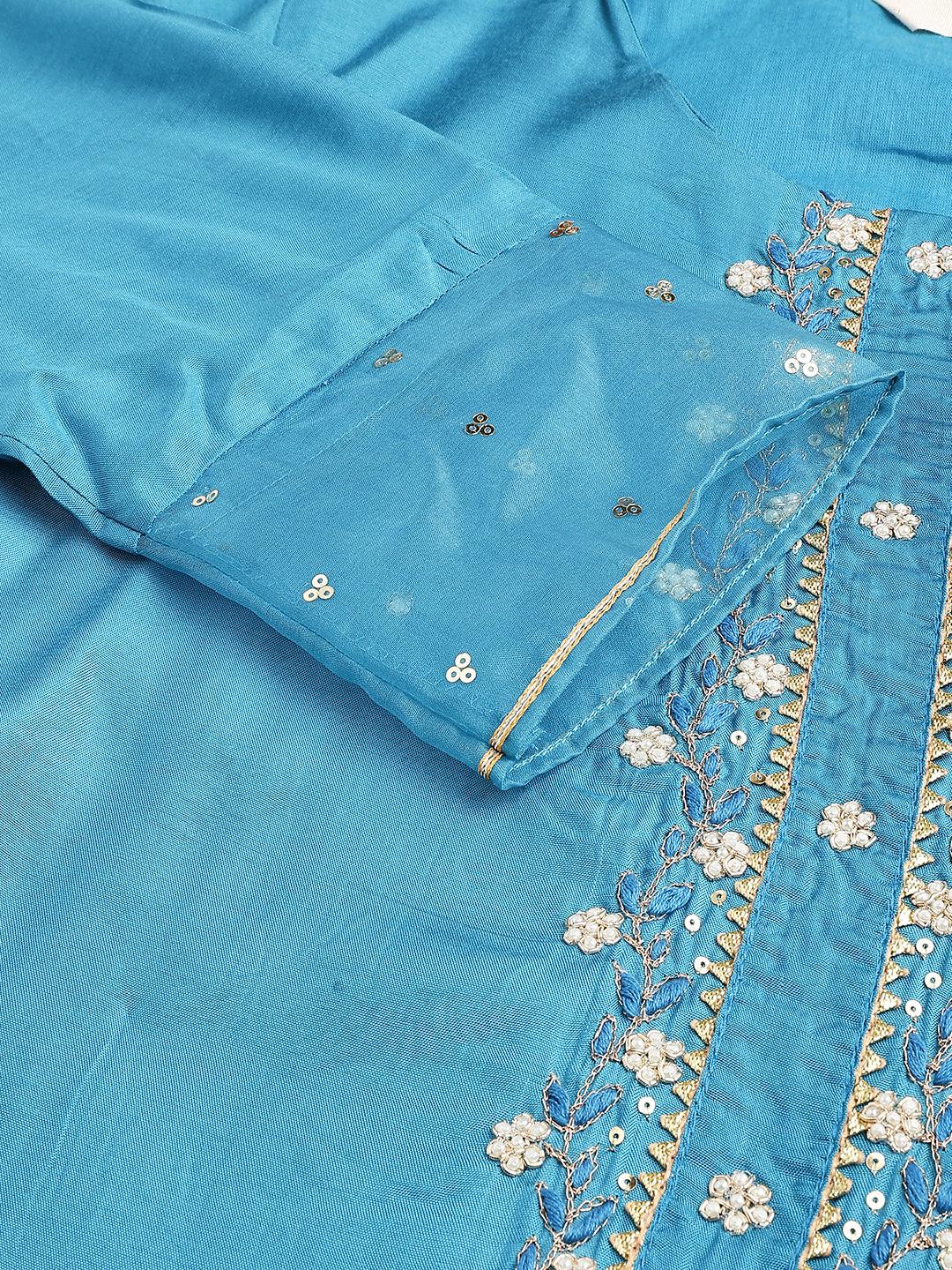 Jamal Jamaloo Teal Blue Muslin Embroidary Kurta pant Set with Organza Dupatta - Jamal Jamaloo
