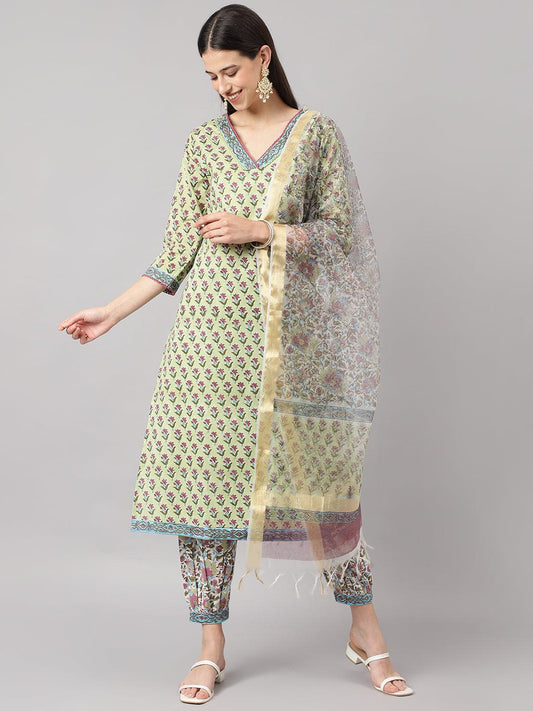 Jamal Jamaloo Green and white Cotton Hand Block Printed Kurta Pant set with Dupatta - Jamal Jamaloo