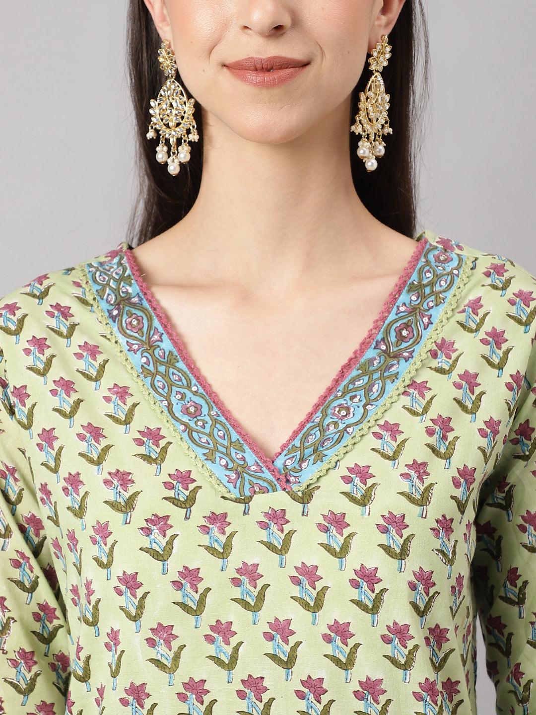 Jamal Jamaloo Green and white Cotton Hand Block Printed Kurta Pant set with Dupatta - Jamal Jamaloo