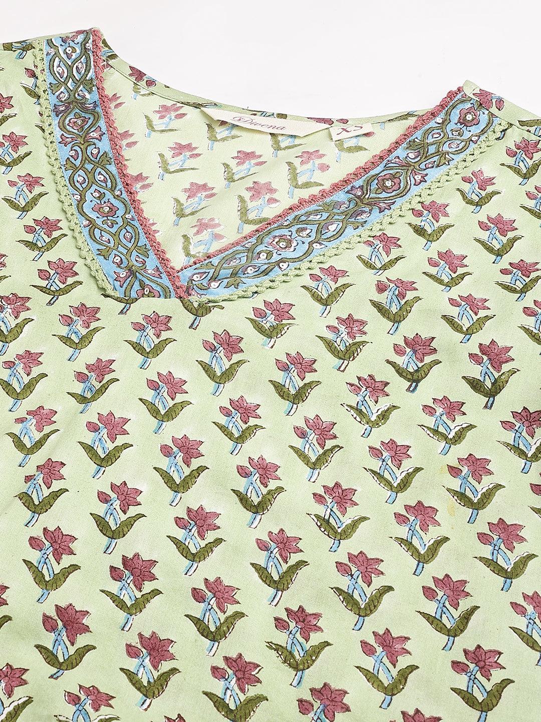 Jamal Jamaloo Green and white Cotton Hand Block Printed Kurta Pant set with Dupatta - Jamal Jamaloo