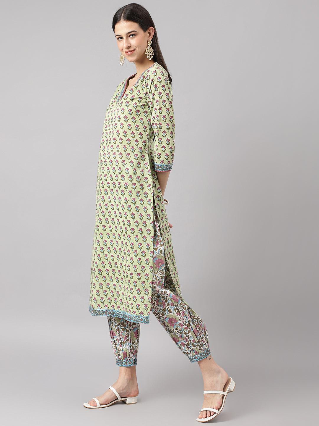 Jamal Jamaloo Green and white Cotton Hand Block Printed Kurta Pant set with Dupatta - Jamal Jamaloo