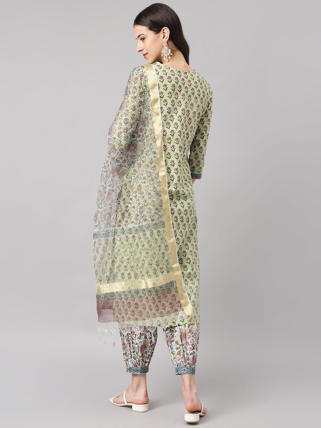 Jamal Jamaloo Green and white Cotton Hand Block Printed Kurta Pant set with Dupatta - Jamal Jamaloo