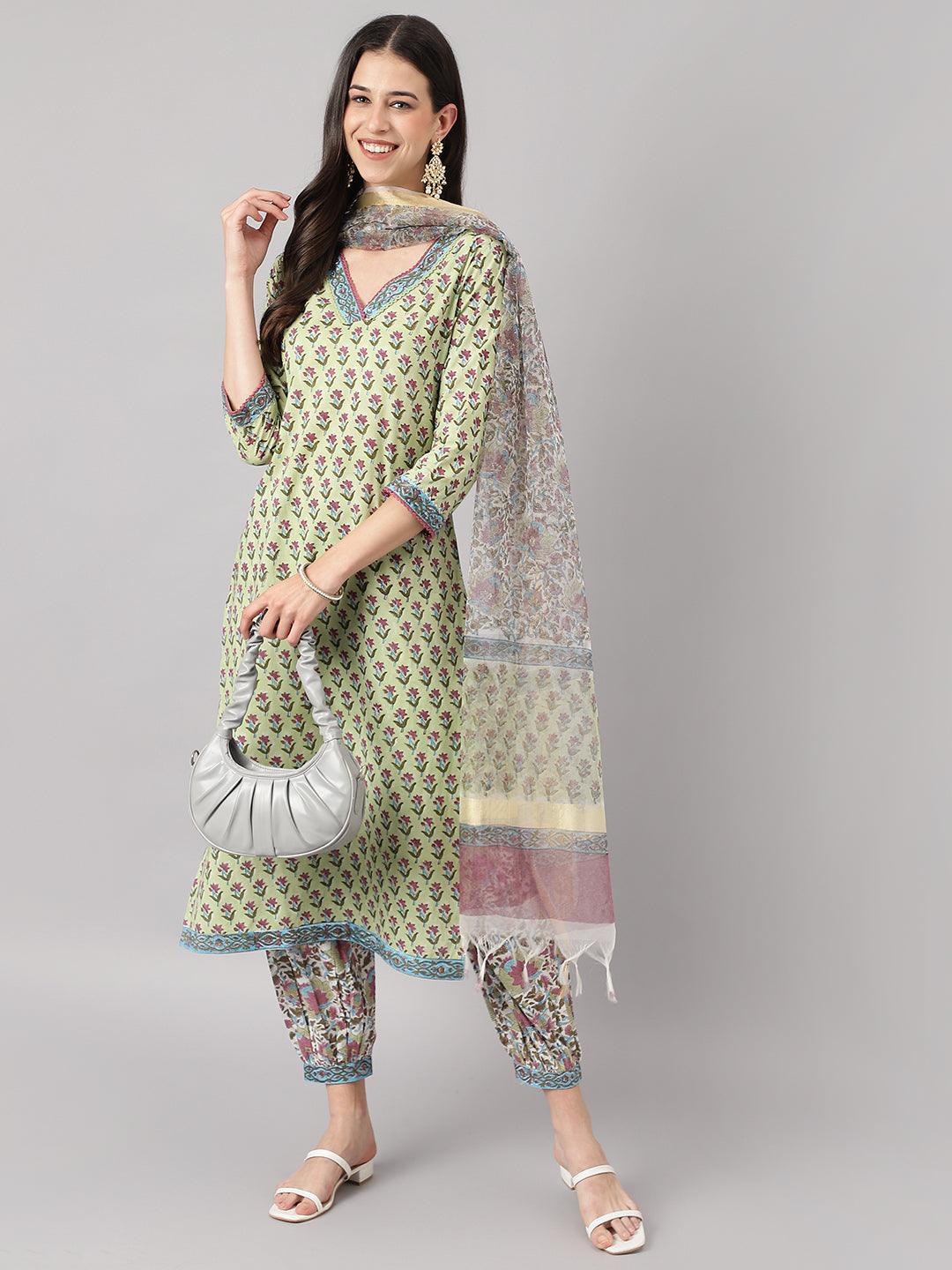 Jamal Jamaloo Green and white Cotton Hand Block Printed Kurta Pant set with Dupatta - Jamal Jamaloo