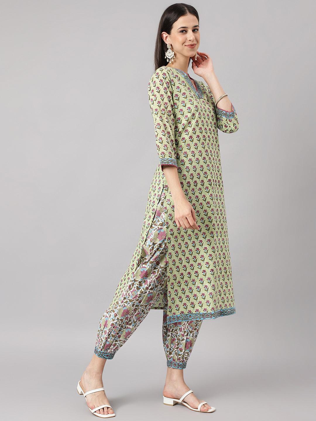 Jamal Jamaloo Green and white Cotton Hand Block Printed Kurta Pant set with Dupatta - Jamal Jamaloo