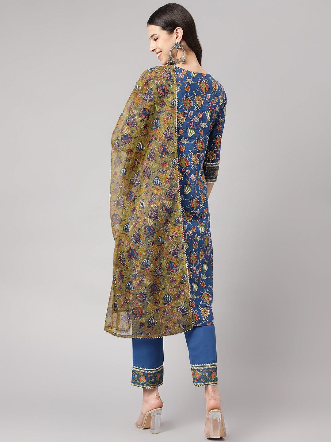 Jamal Jamaloo Blue Floral Printed Kurta Pant Set with dupatta - Jamal Jamaloo