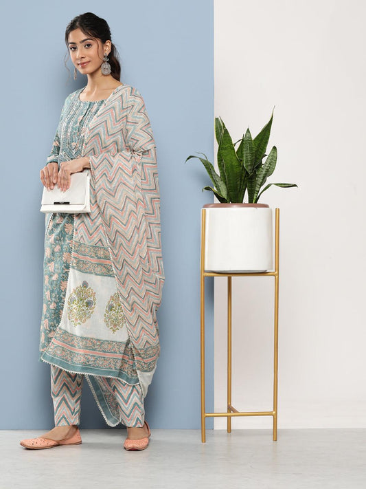 Jamal Jamaloo Teal Blue Cotton Straight pant set with Dupatta - Jamal Jamaloo