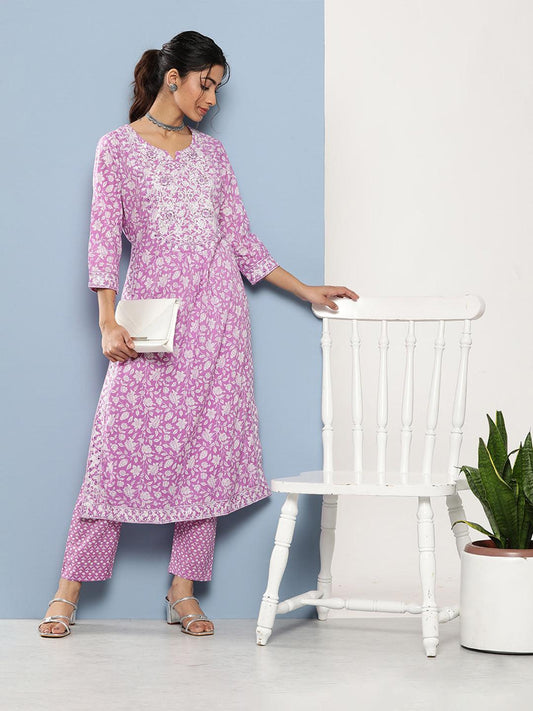 Jamal Jamaloo Purple Gethered Floral Printed Kurta Pant Sets - Jamal Jamaloo