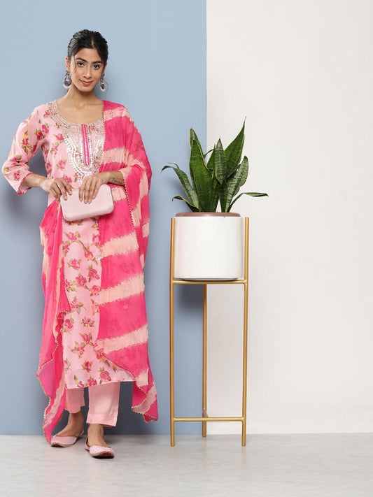 Jamal Jamaloo Pink Kota Doria Floral Printed Kurta Pant Dupatta Sets - Jamal Jamaloo