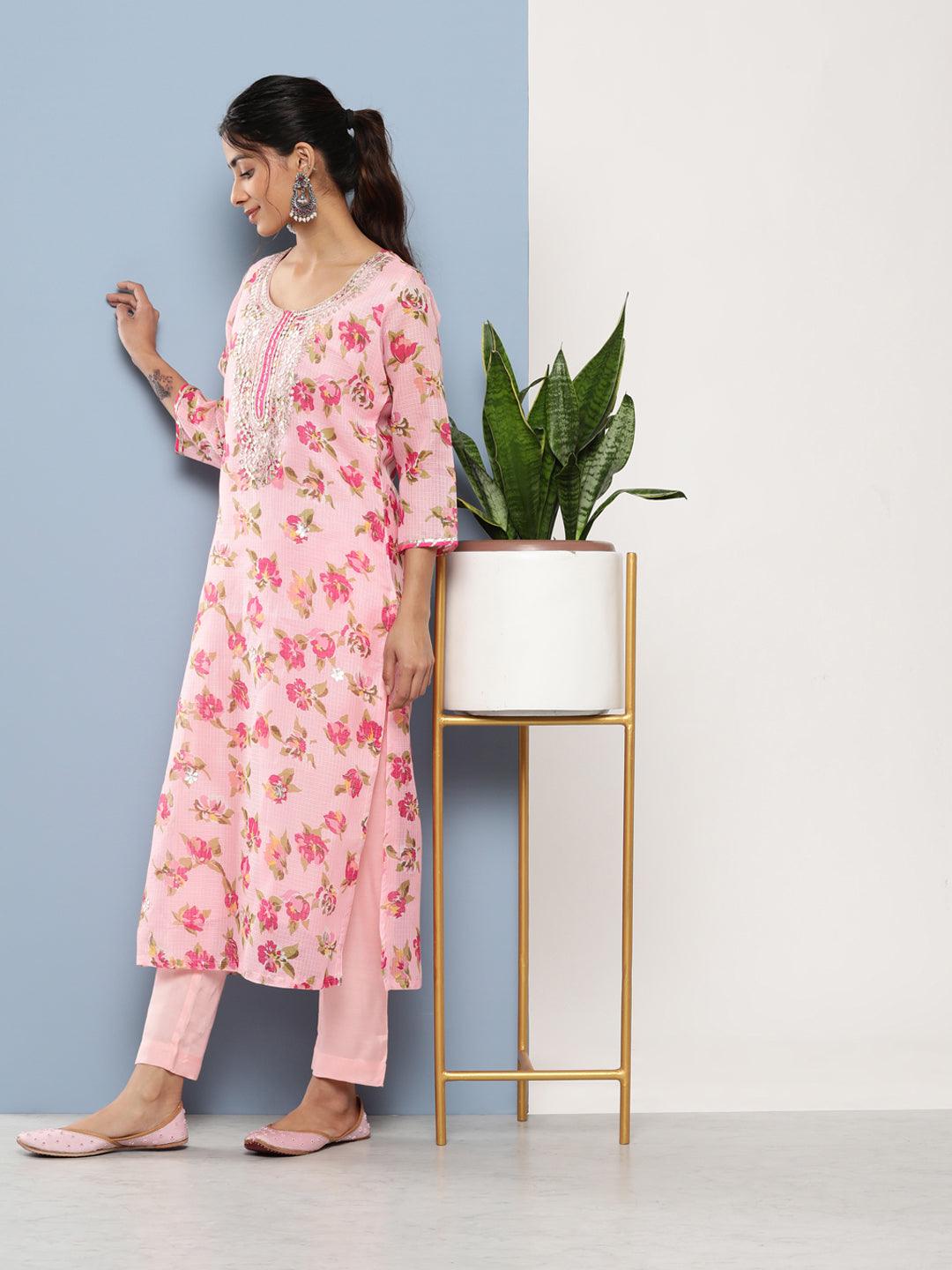 Jamal Jamaloo Pink Kota Doria Floral Printed Kurta Pant Dupatta Sets - Jamal Jamaloo
