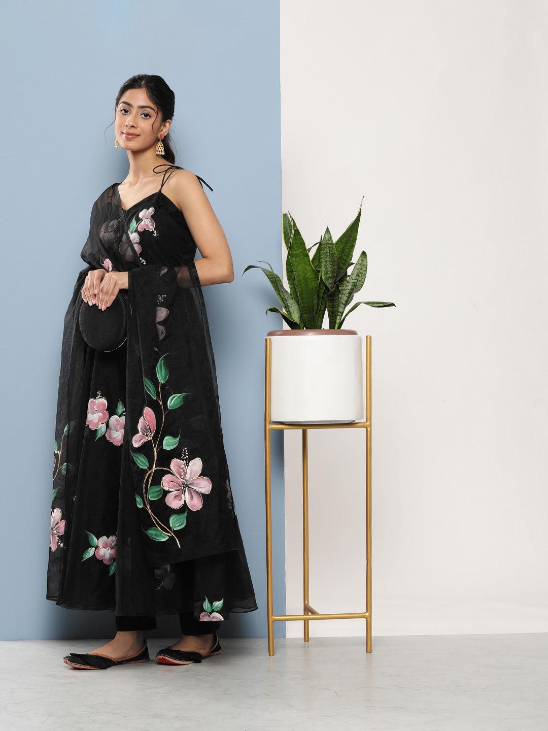 Jamal Jamaloo Black Hand Painted Floral Organza Anarkali Kurta Pant Set with Dupatta - Jamal Jamaloo