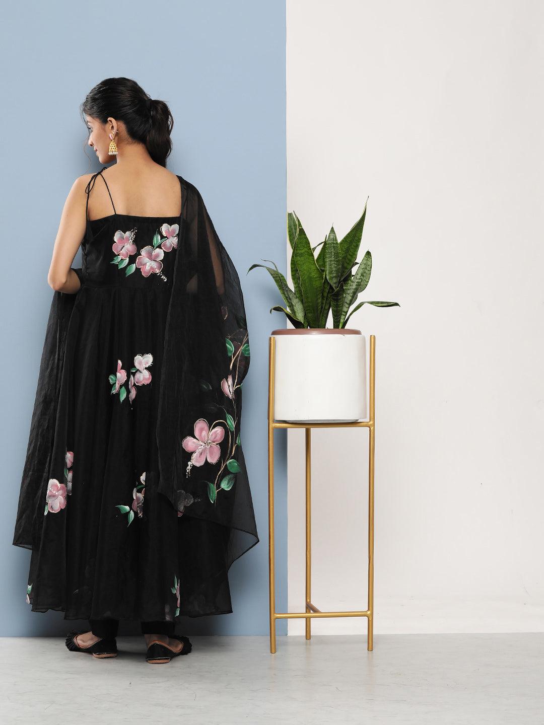 Jamal Jamaloo Black Hand Painted Floral Organza Anarkali Kurta Pant Set with Dupatta - Jamal Jamaloo