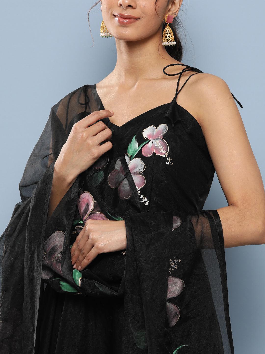 Jamal Jamaloo Black Hand Painted Floral Organza Anarkali Kurta Pant Set with Dupatta - Jamal Jamaloo