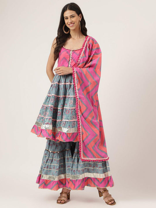 Jamal Jamaloo Turquoise Blue Cotton Sleeves less Anarkali Sharara set with Dupatta - Jamal Jamaloo