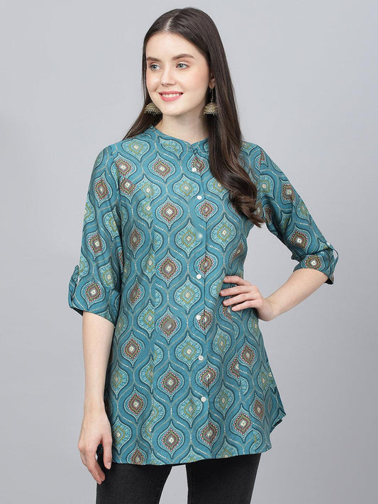 Jamal Jamaloo Teal Blue Motif Printed Modal A-Line Shirts Style Top - Jamal Jamaloo