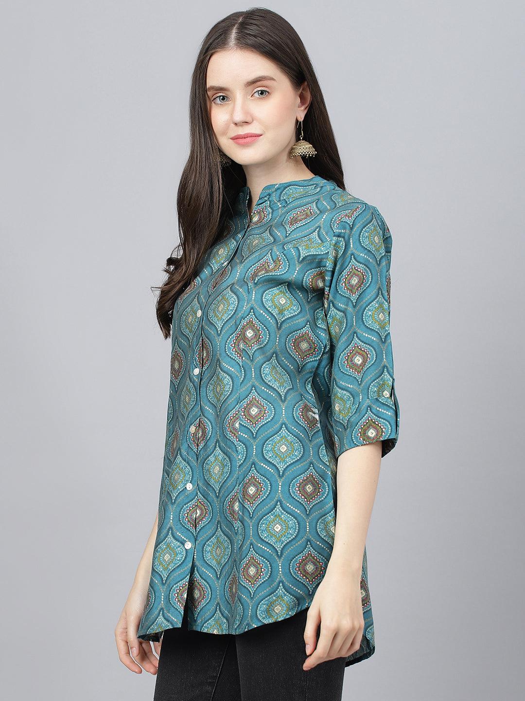Jamal Jamaloo Teal Blue Motif Printed Modal A-Line Shirts Style Top - Jamal Jamaloo