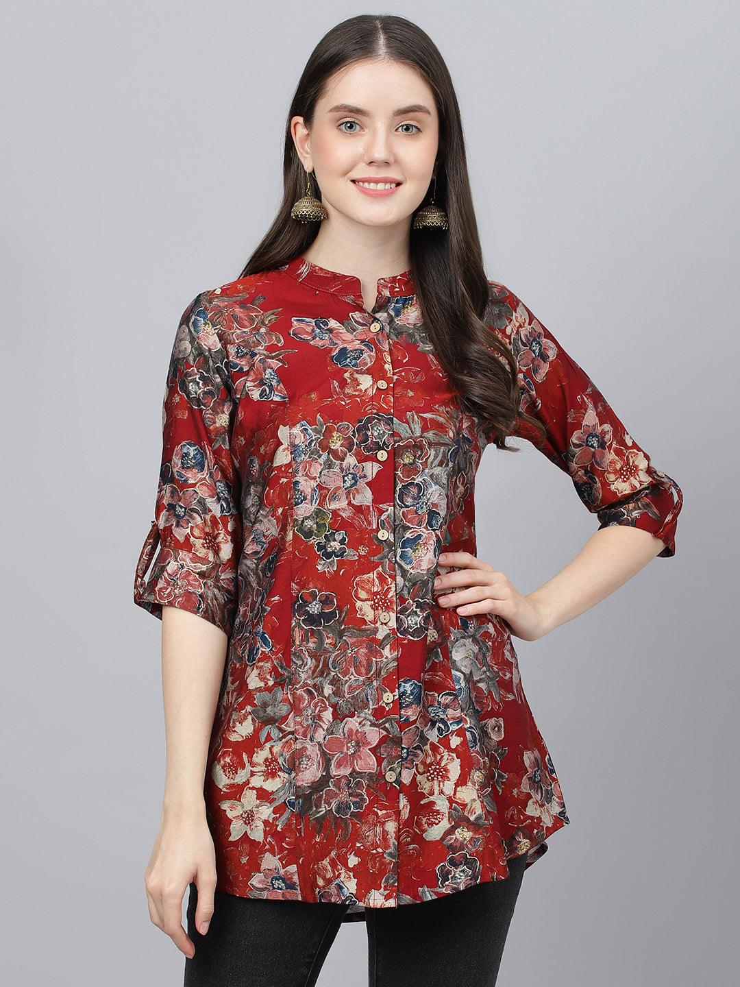 Jamal Jamaloo Maroon Floral Printed Modal A-Line Shirts Style Top - Jamal Jamaloo