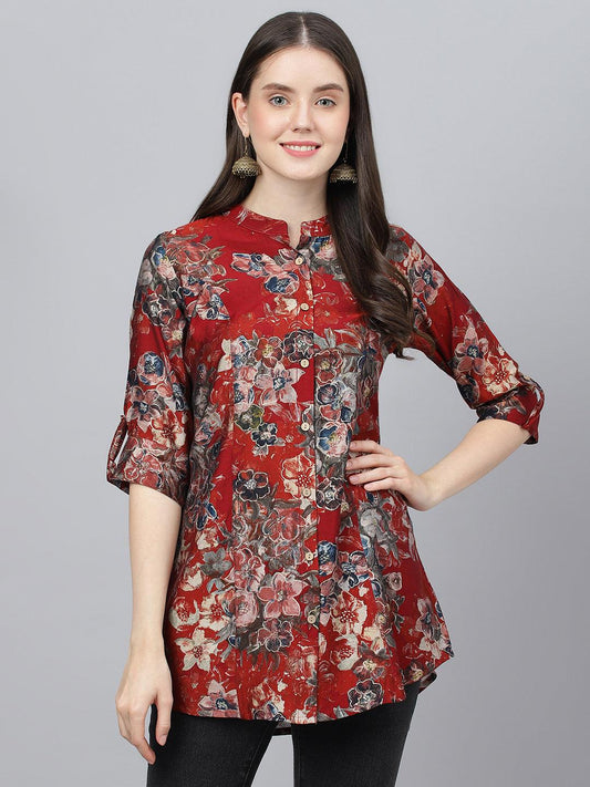 Jamal Jamaloo Maroon Floral Printed Modal A-Line Shirts Style Top - Jamal Jamaloo