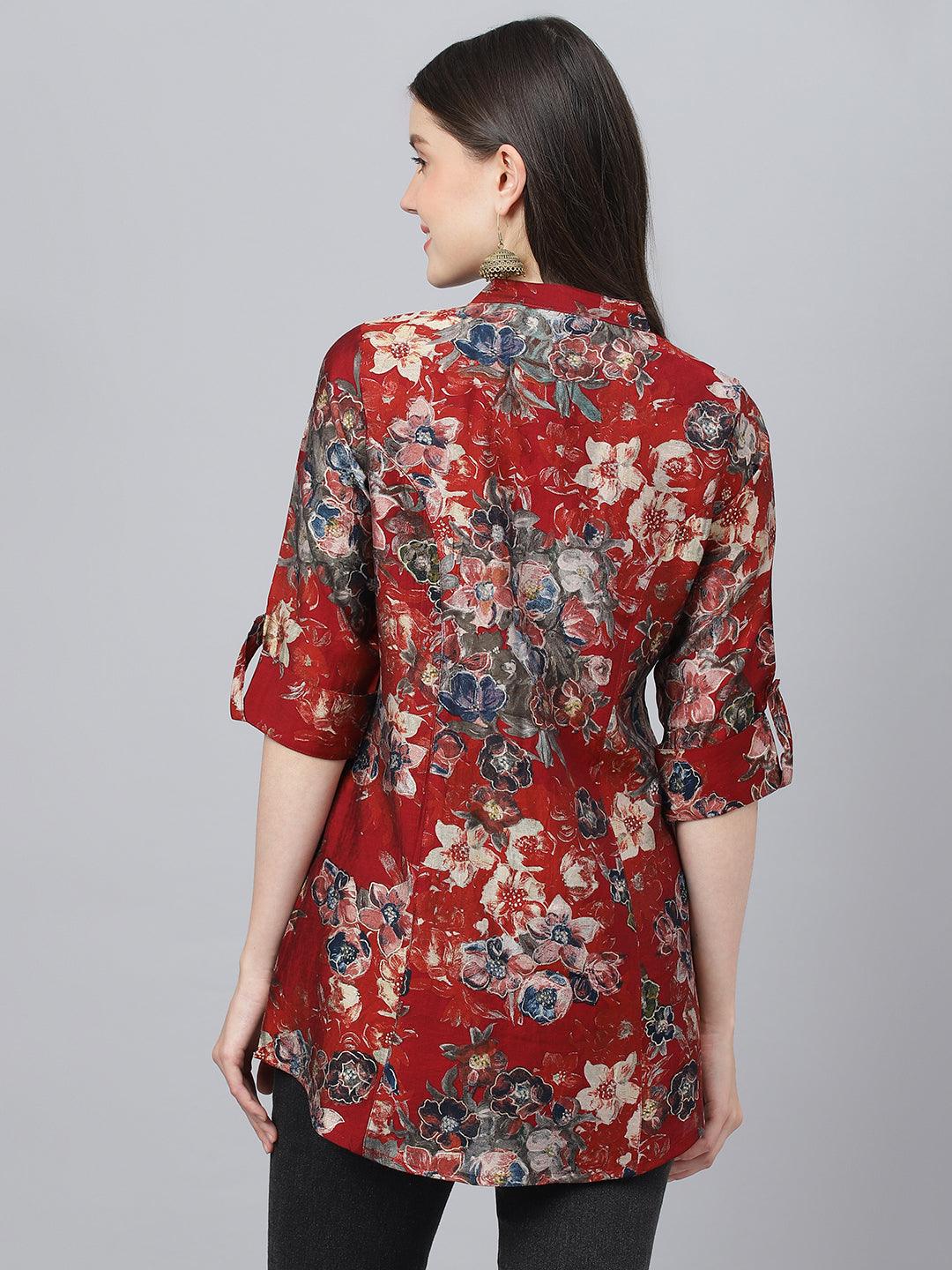 Jamal Jamaloo Maroon Floral Printed Modal A-Line Shirts Style Top - Jamal Jamaloo