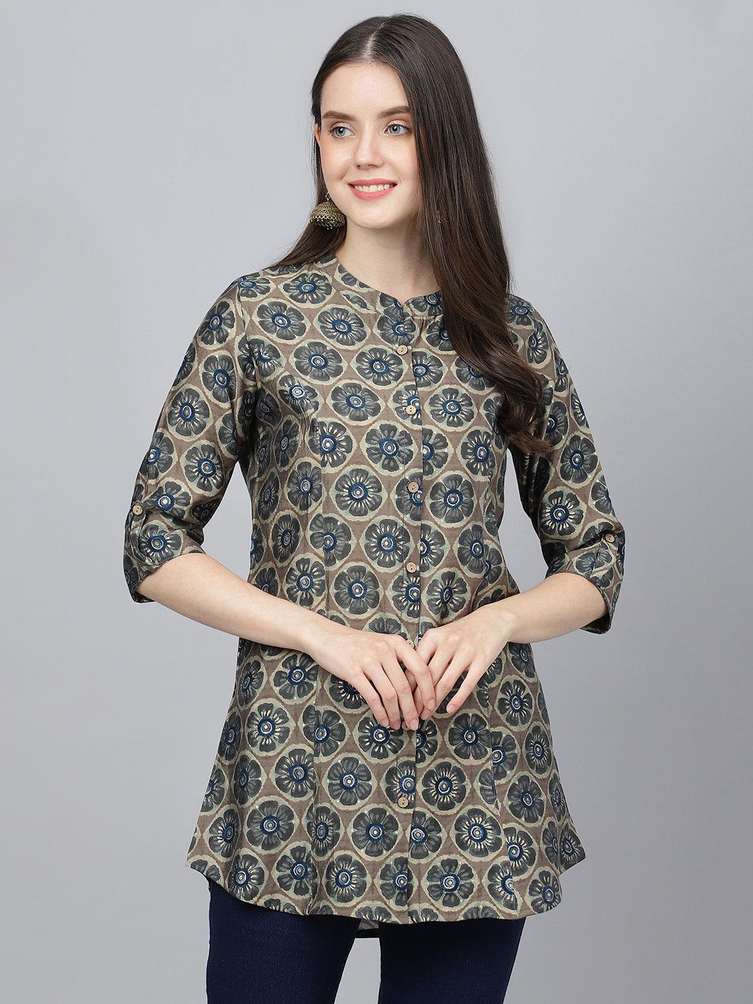 Jamal Jamaloo Brown Floral Printed Modal A-Line Shirts Style Top - Jamal Jamaloo