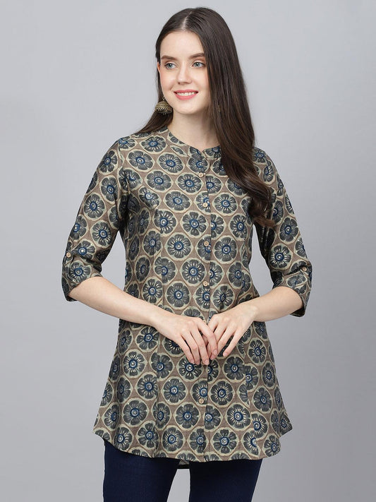 Jamal Jamaloo Brown Floral Printed Modal A-Line Shirts Style Top - Jamal Jamaloo