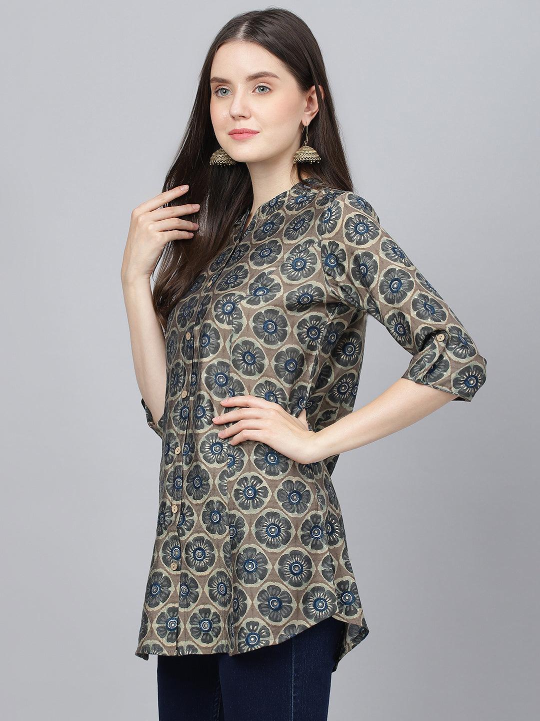 Jamal Jamaloo Brown Floral Printed Modal A-Line Shirts Style Top - Jamal Jamaloo