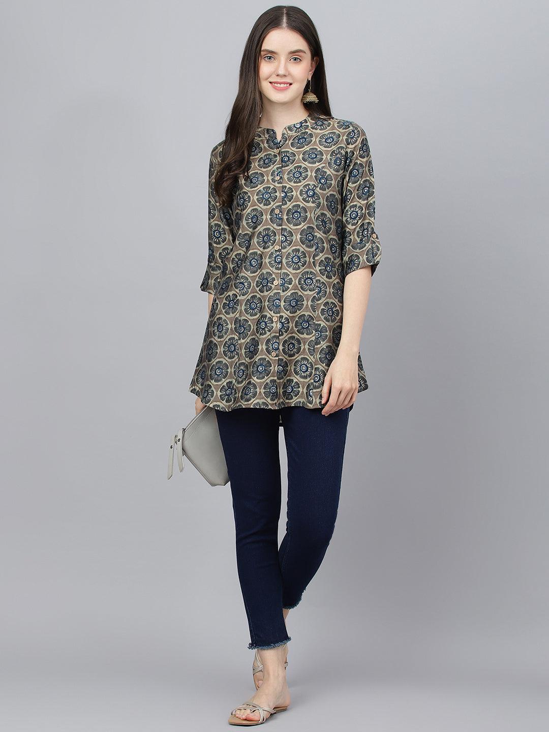 Jamal Jamaloo Brown Floral Printed Modal A-Line Shirts Style Top - Jamal Jamaloo