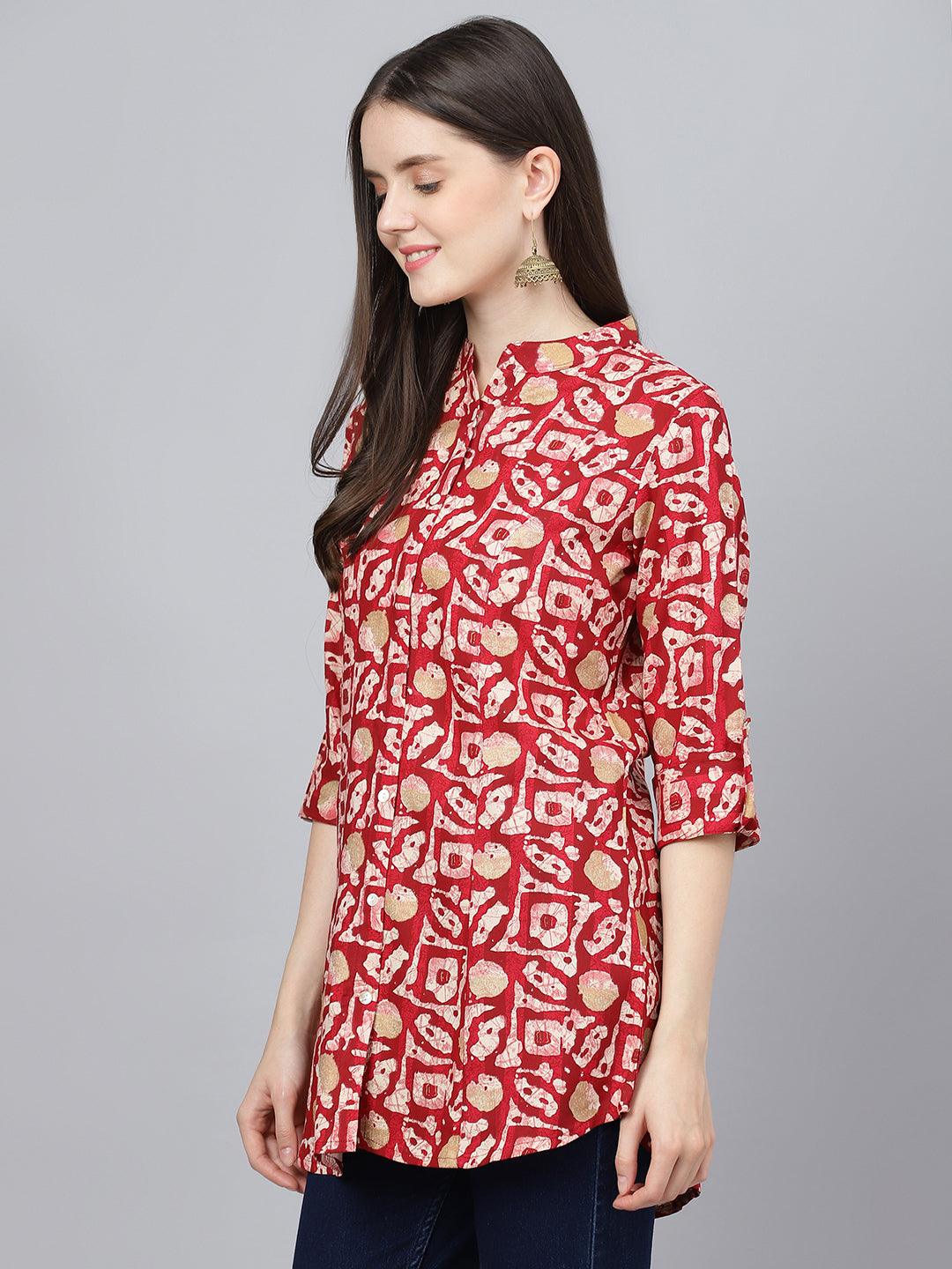 Jamal Jamaloo Red Abstract printed Rayon A-line Shirts Style Top - Jamal Jamaloo