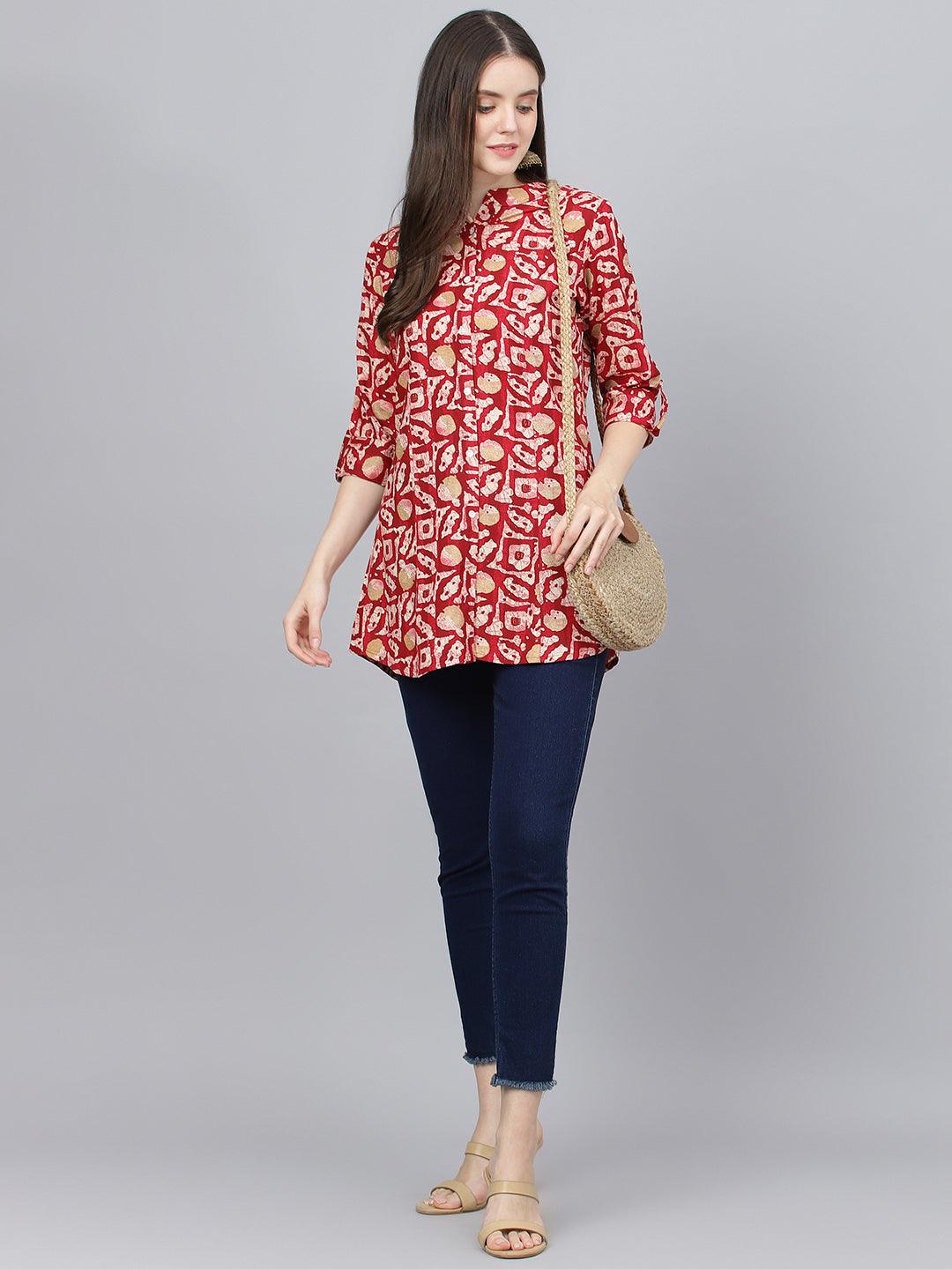 Jamal Jamaloo Red Abstract printed Rayon A-line Shirts Style Top - Jamal Jamaloo