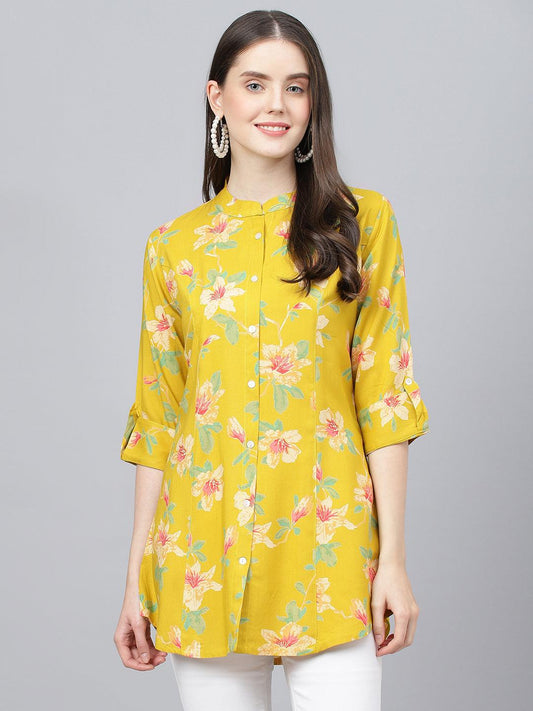 Jamal Jamaloo Yellow Floral printed Rayon A-line Shirts Style Top - Jamal Jamaloo