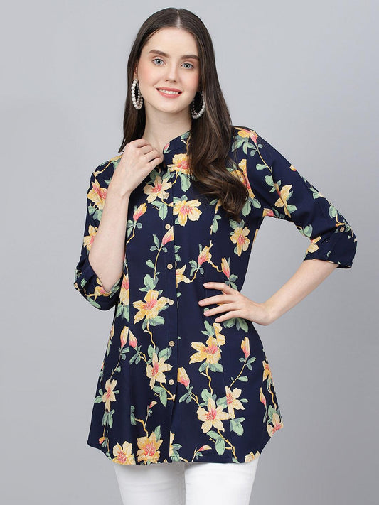 Jamal Jamaloo Navy Blue Floral printed Rayon A-line Shirts Style Top - Jamal Jamaloo