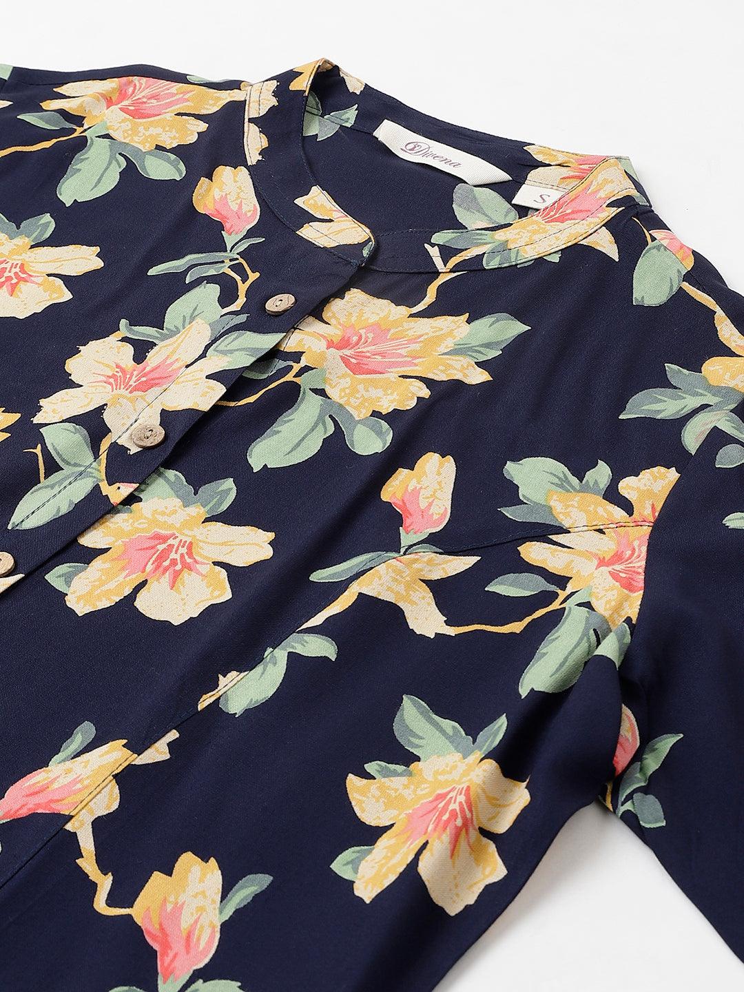 Jamal Jamaloo Navy Blue Floral printed Rayon A-line Shirts Style Top - Jamal Jamaloo