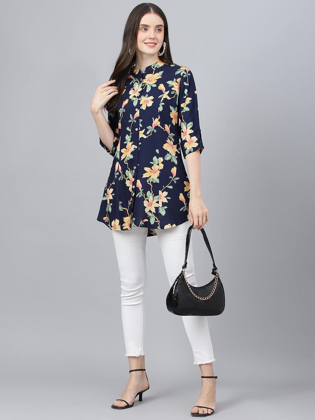 Jamal Jamaloo Navy Blue Floral printed Rayon A-line Shirts Style Top - Jamal Jamaloo