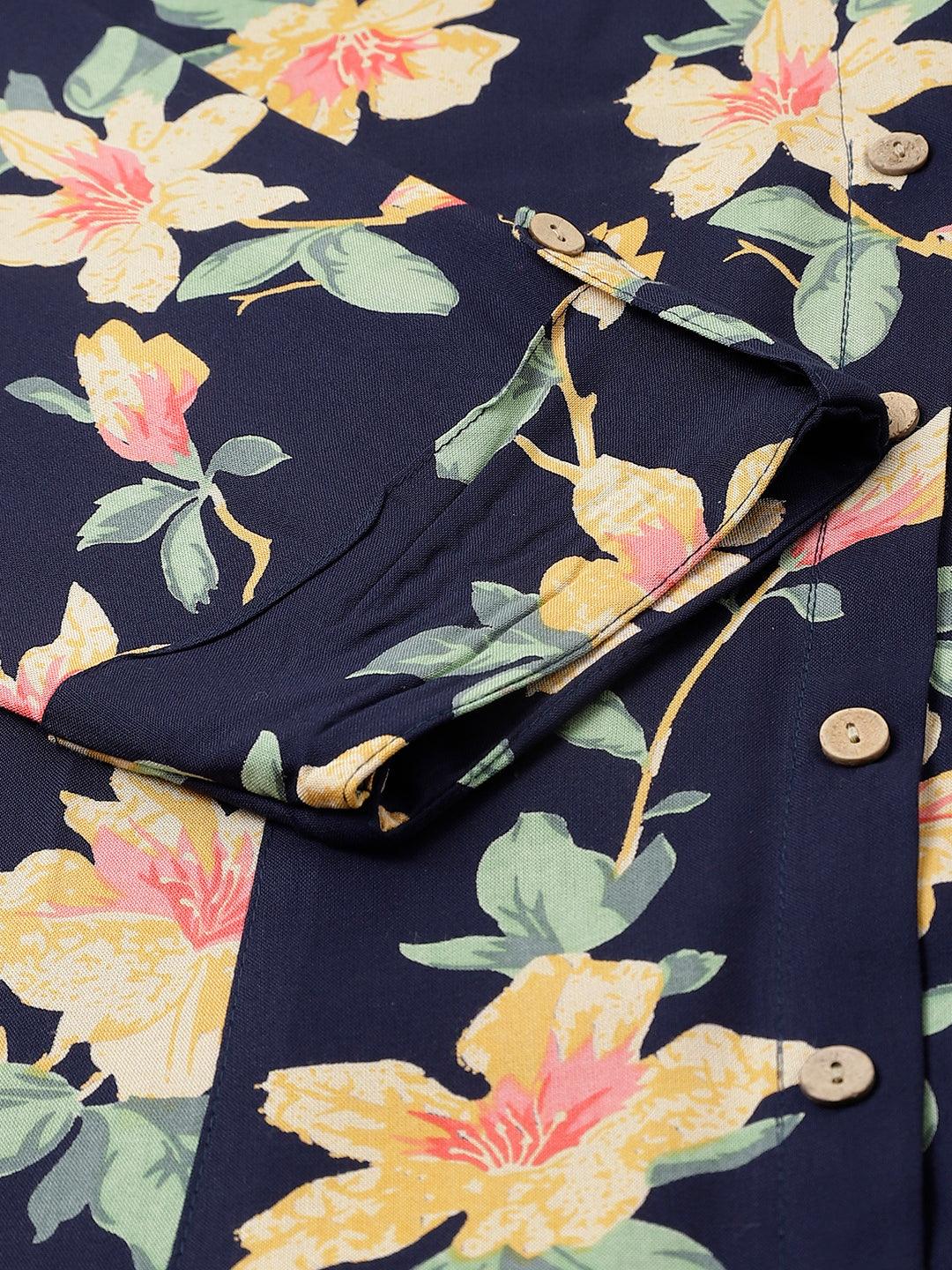 Jamal Jamaloo Navy Blue Floral printed Rayon A-line Shirts Style Top - Jamal Jamaloo