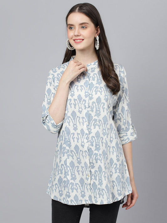 Jamal Jamaloo Off white Abstract printed Rayon A-line Shirts Style Top - Jamal Jamaloo