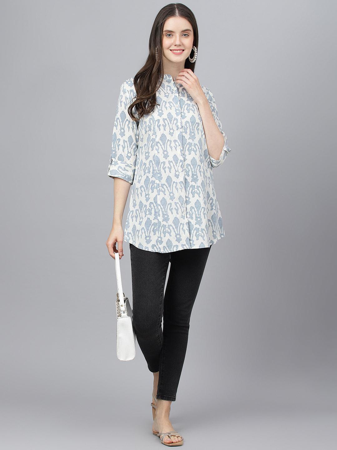 Jamal Jamaloo Off white Abstract printed Rayon A-line Shirts Style Top - Jamal Jamaloo