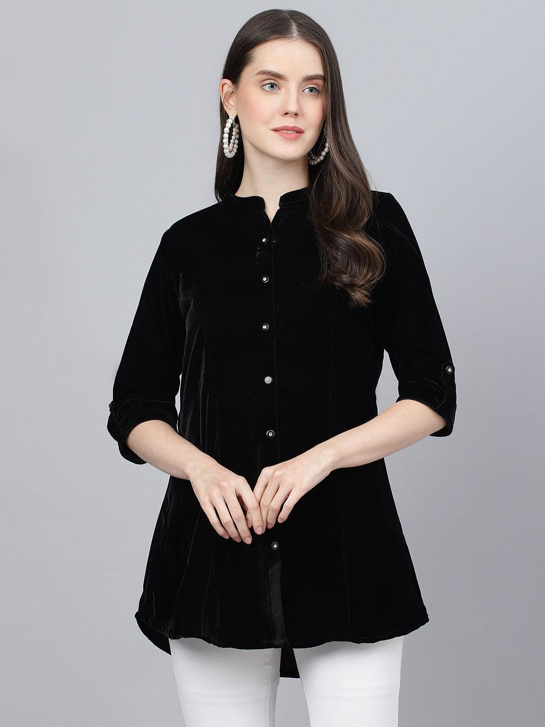 Jamal Jamaloo Black Solid Velvet A-line Shirts Style Top - Jamal Jamaloo