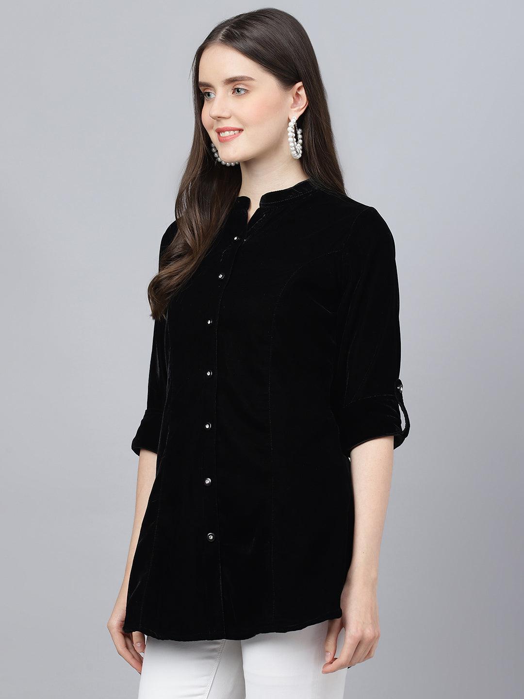 Jamal Jamaloo Black Solid Velvet A-line Shirts Style Top - Jamal Jamaloo