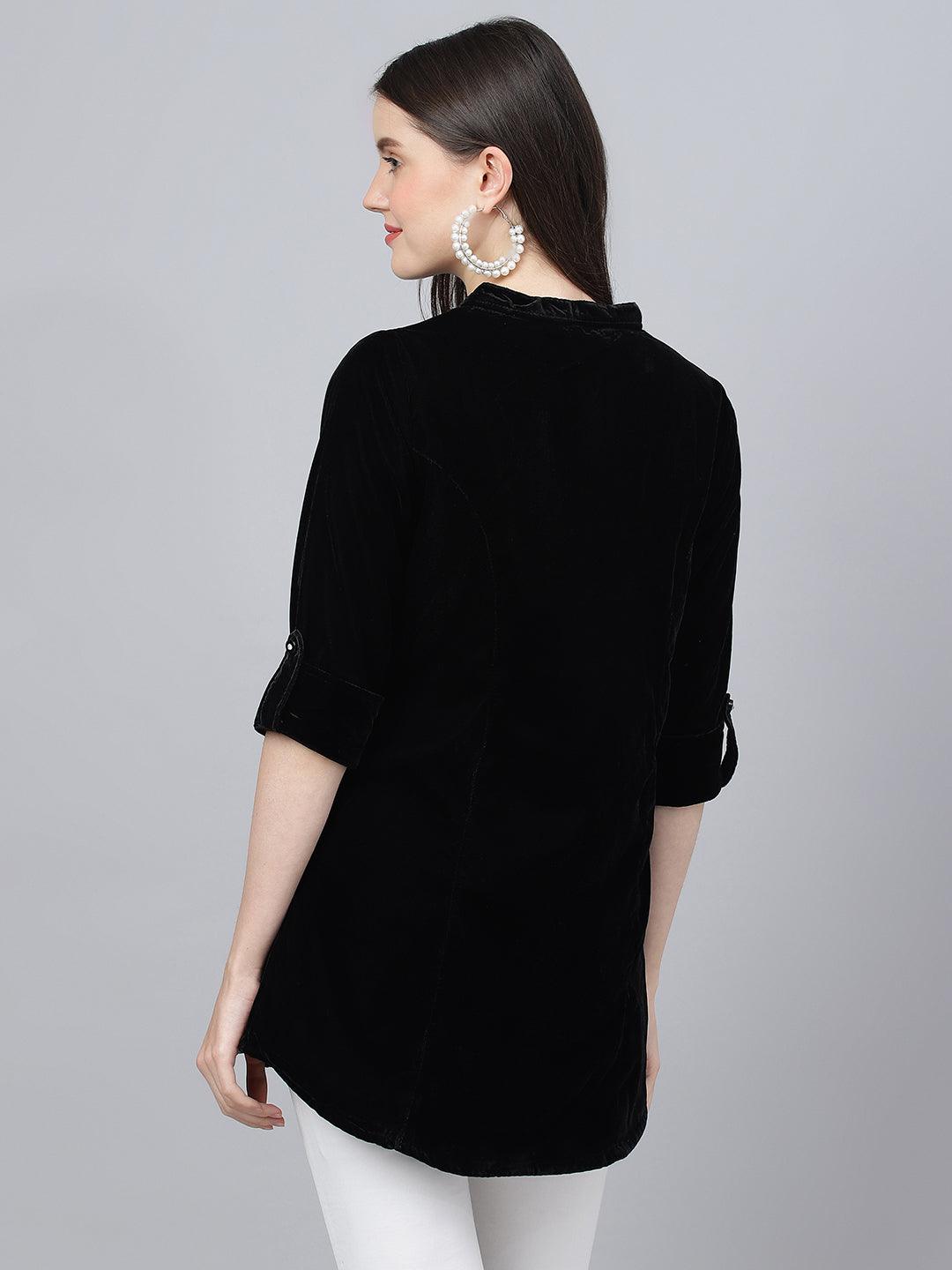 Jamal Jamaloo Black Solid Velvet A-line Shirts Style Top - Jamal Jamaloo