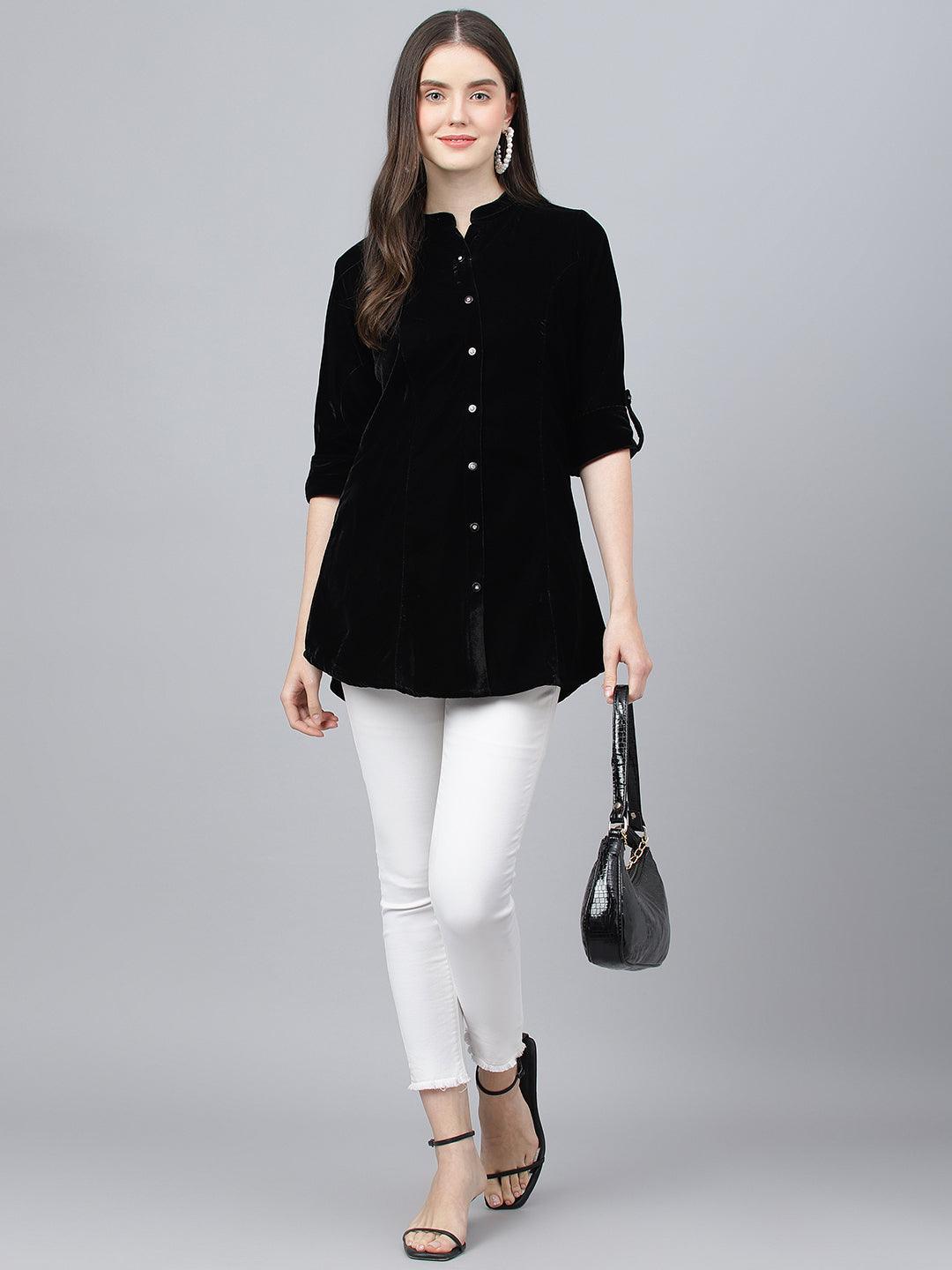 Jamal Jamaloo Black Solid Velvet A-line Shirts Style Top - Jamal Jamaloo