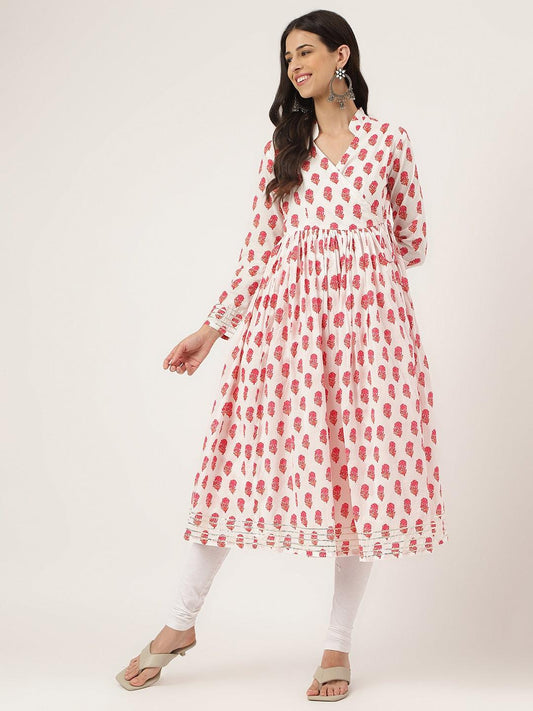 Jamal Jamaloo White and Red Floral Printed Angarakha Kurta - Jamal Jamaloo