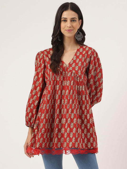 Jamal Jamaloo Red Floral Cotton Pemplum Style Top - Jamal Jamaloo