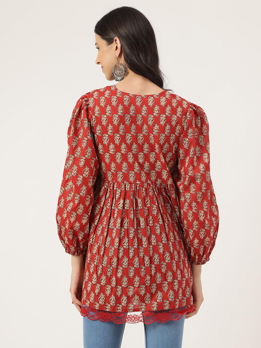 Jamal Jamaloo Red Floral Cotton Pemplum Style Top - Jamal Jamaloo