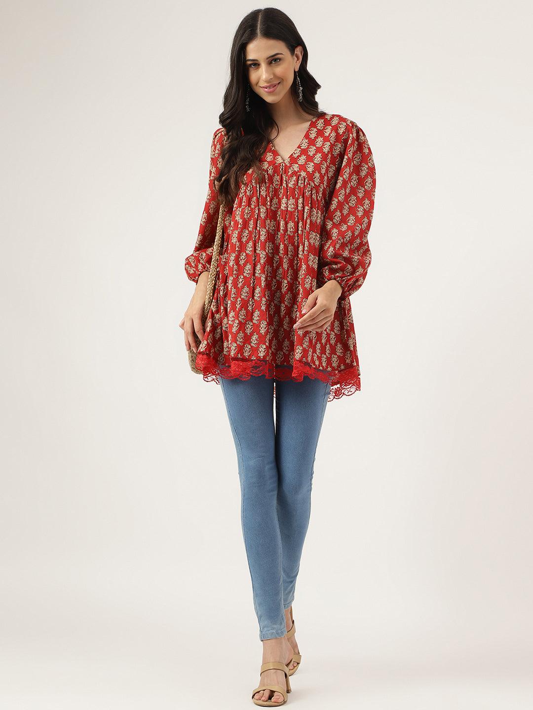 Jamal Jamaloo Red Floral Cotton Pemplum Style Top - Jamal Jamaloo