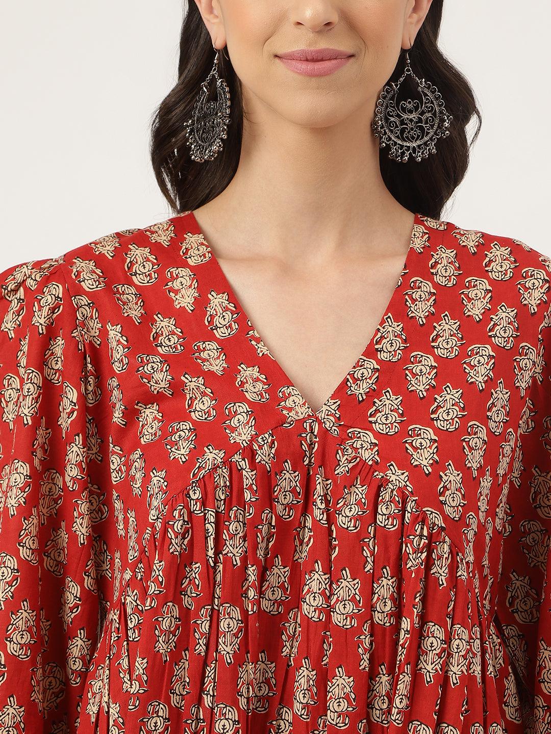 Jamal Jamaloo Red Floral Cotton Pemplum Style Top - Jamal Jamaloo
