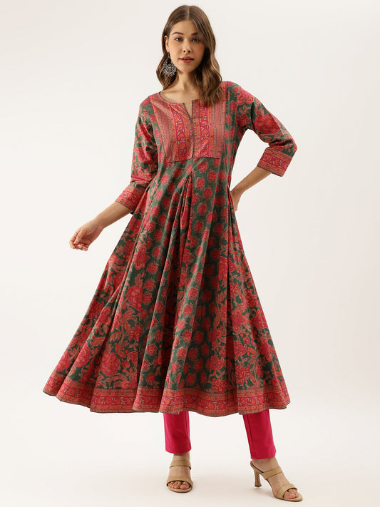Green Floral Printed Flared Kurta Dress for Women