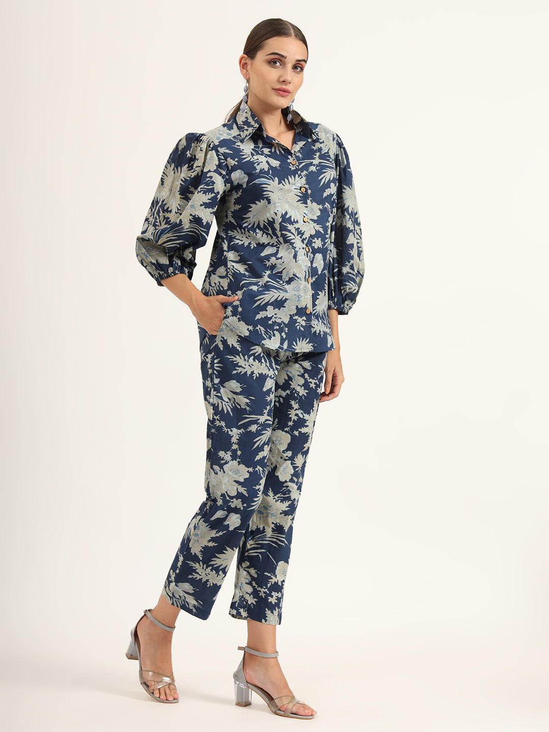 Navy Floral Print Pure Cotton Straight Co-ord Set