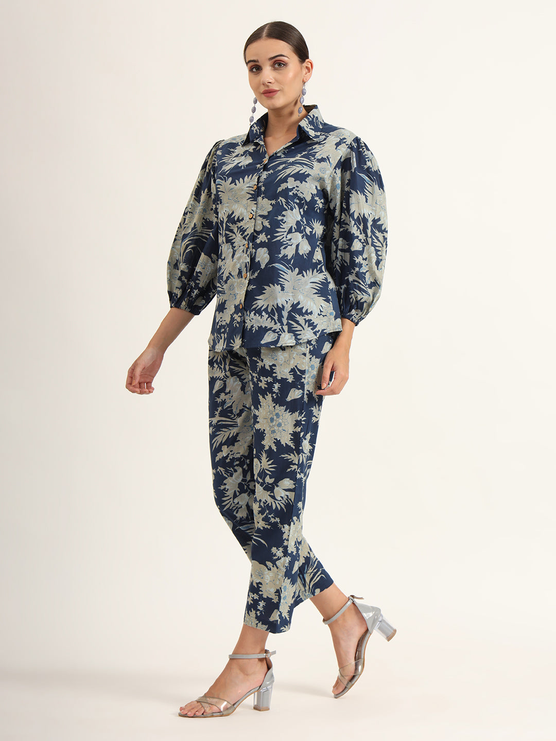 Navy Floral Print Pure Cotton Straight Co-ord Set