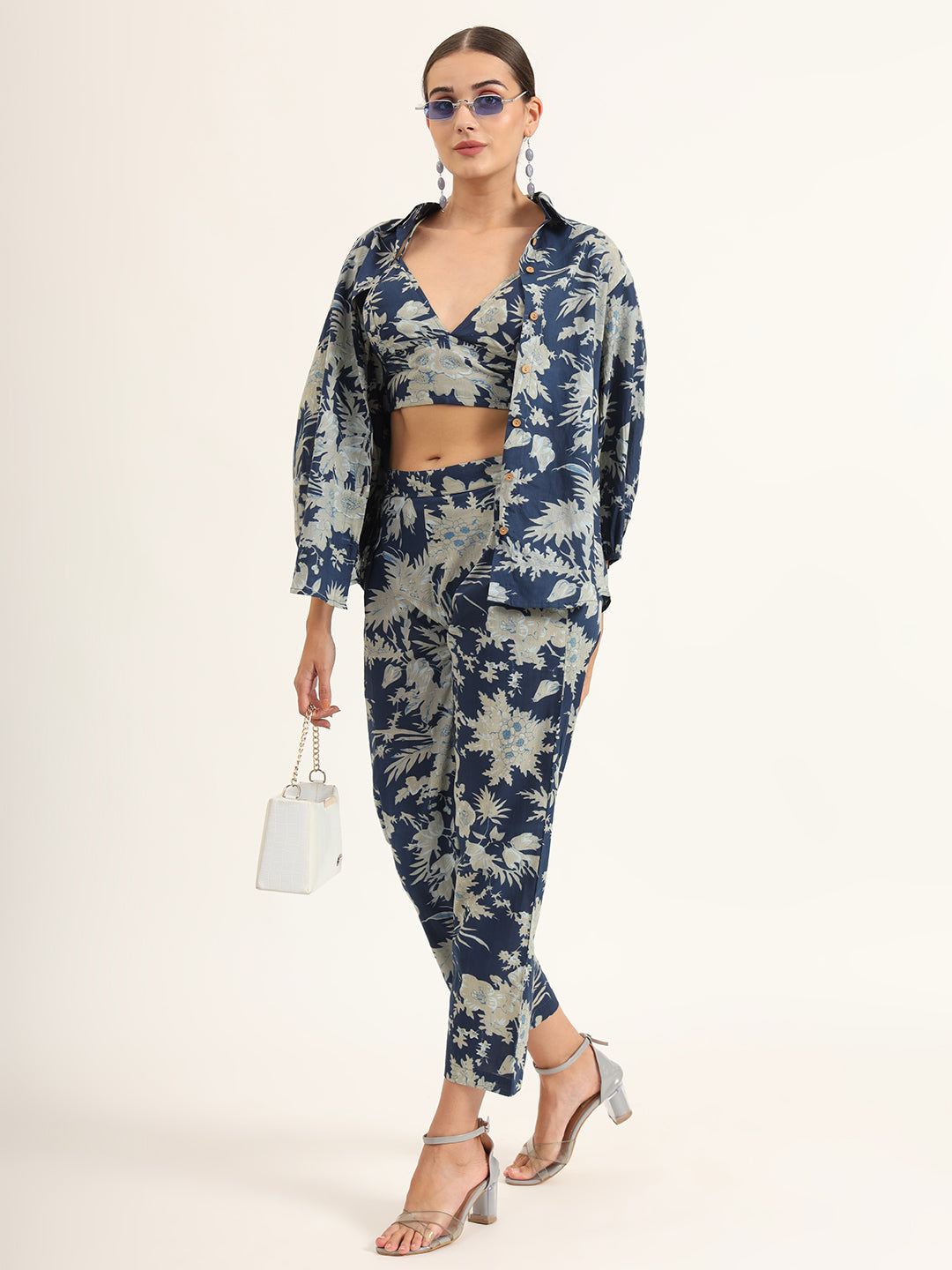 Navy Floral Print Pure Cotton Straight Co-ord Set