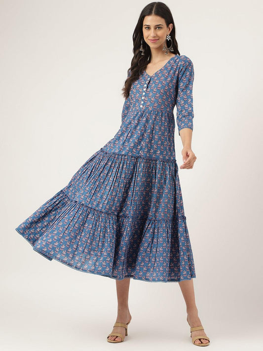 Jamal Jamaloo Blue Floral Printed Long dress - Jamal Jamaloo