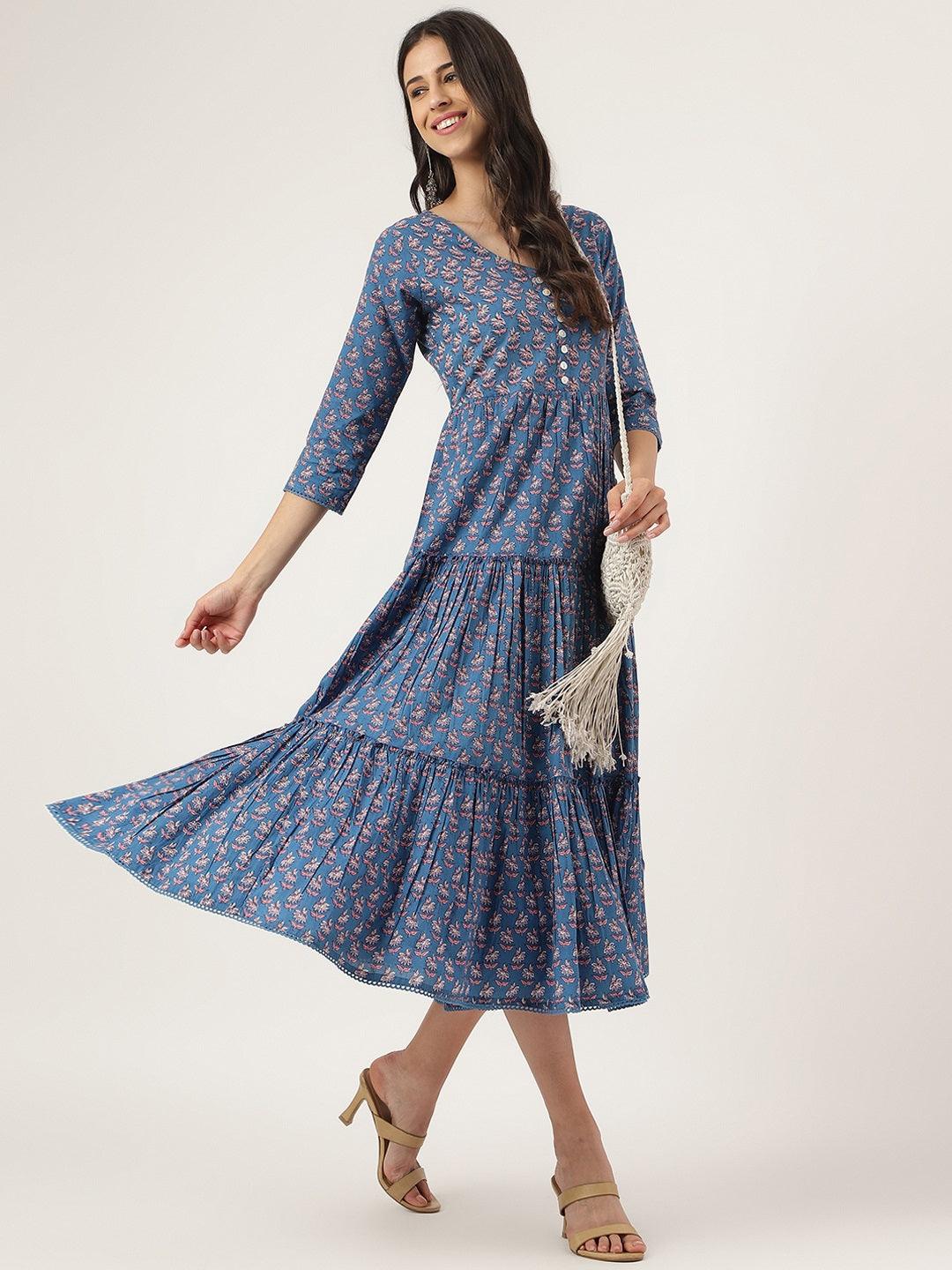 Jamal Jamaloo Blue Floral Printed Long dress - Jamal Jamaloo